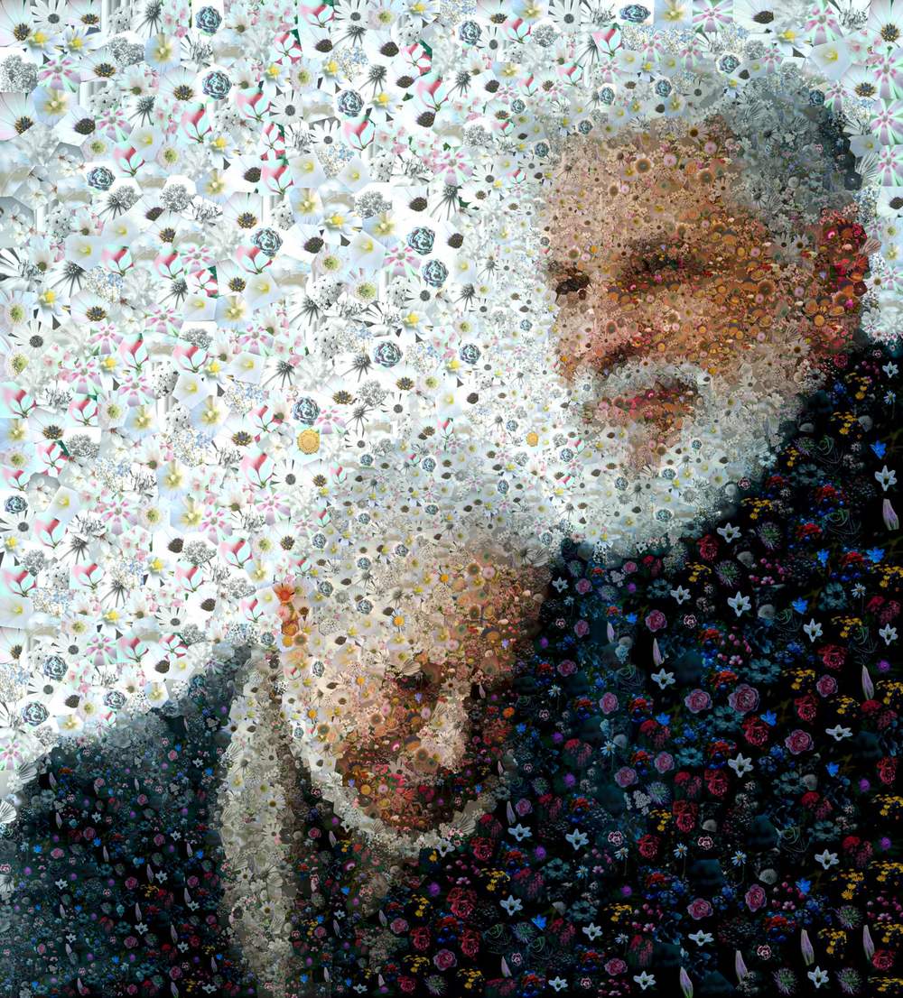 Golden wedding anniversary photo mosaic portrait of an older couple, seamless organic style