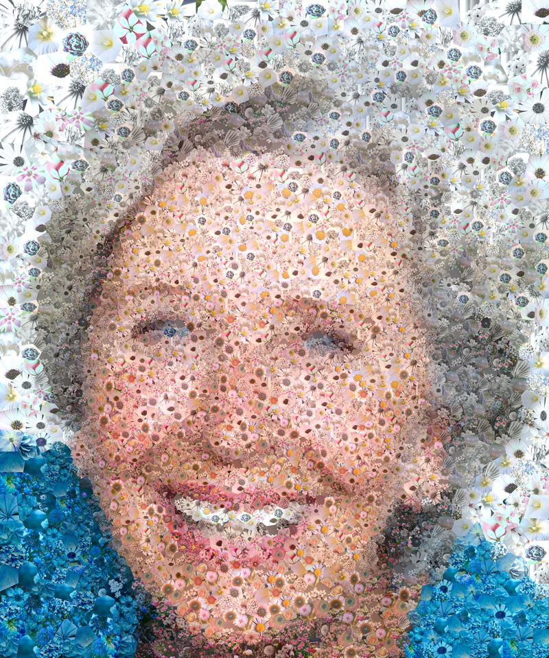 Milestone birthday photo mosaic portrait of a smiling older woman, seamless organic style