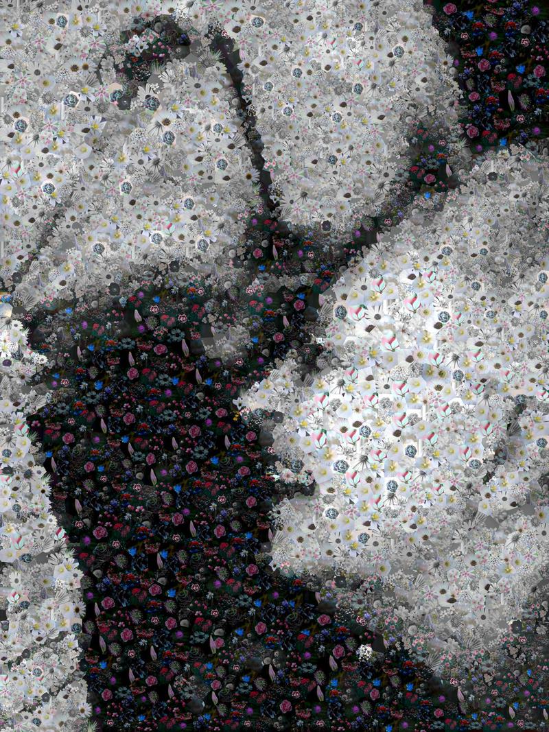 Black and white remembrance photo mosaic of an elderly couple laughing together