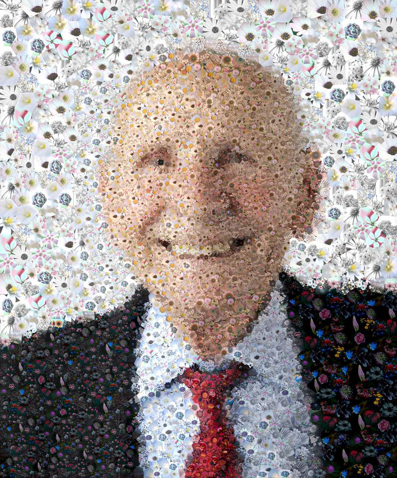 Retirement gift photo mosaic portrait of a smiling older man in a suit, seamless organic style